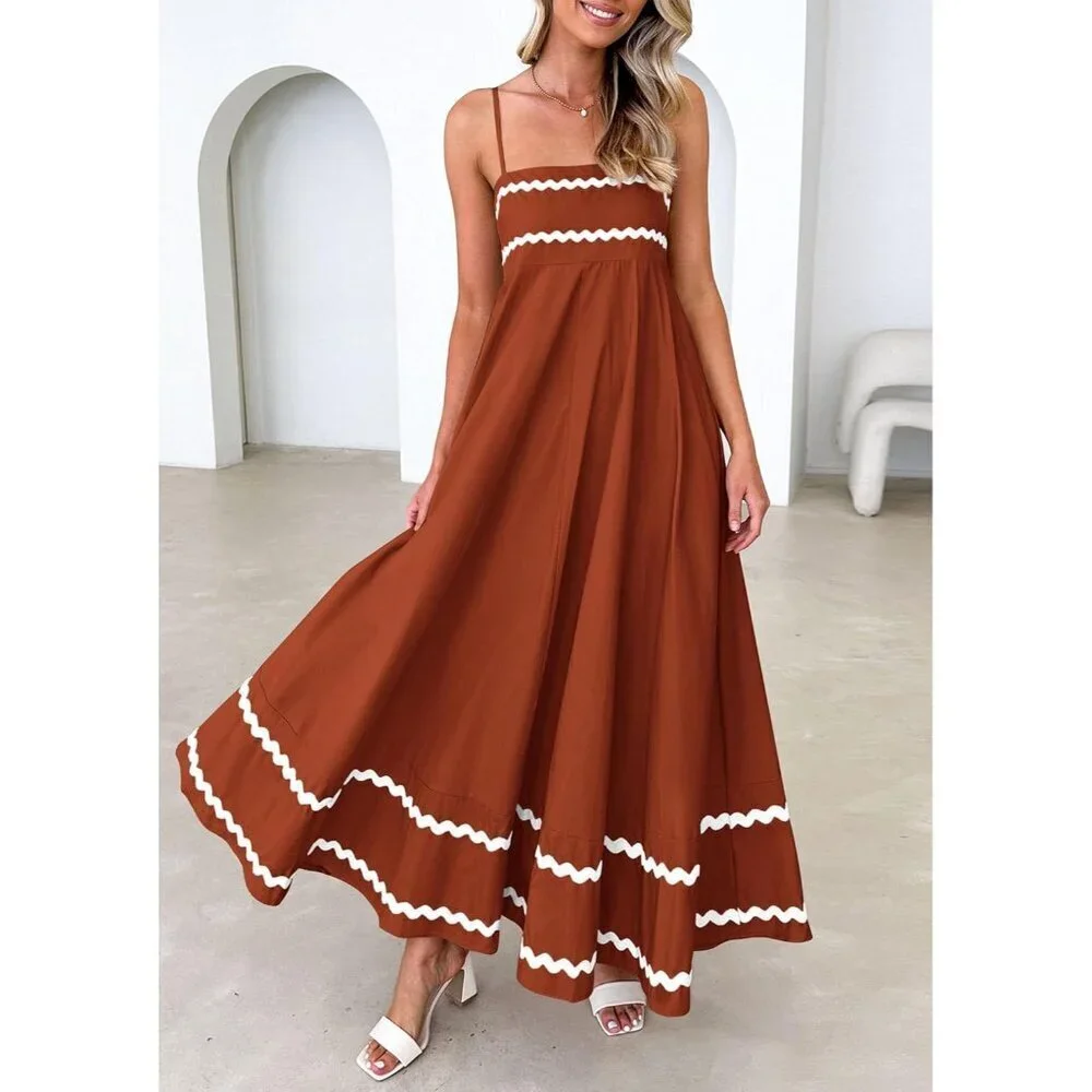 Women's Rust Casual Sleeveless Spaghetti Strap Ruffle Beach Maxi Dress
